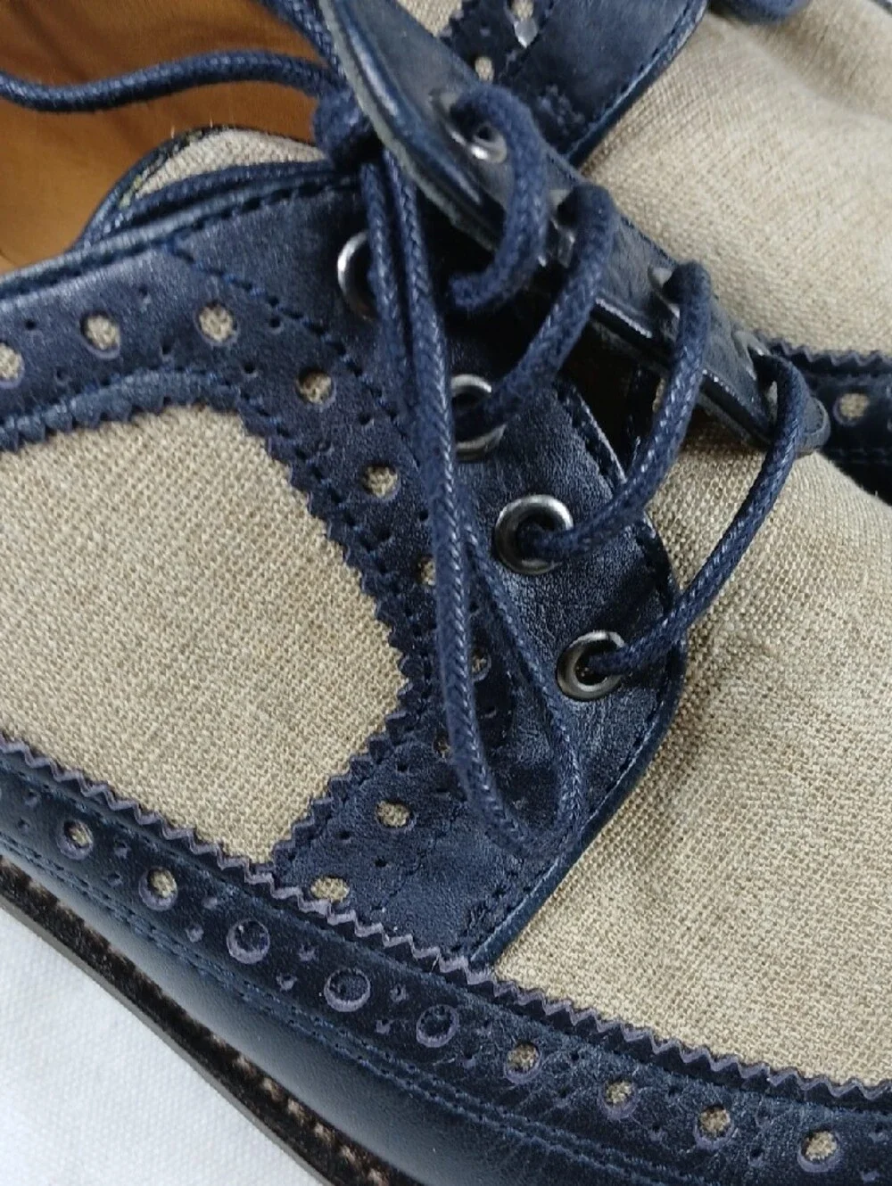 Zara Navy Leather and Beige Canvas Wingtip Derbys